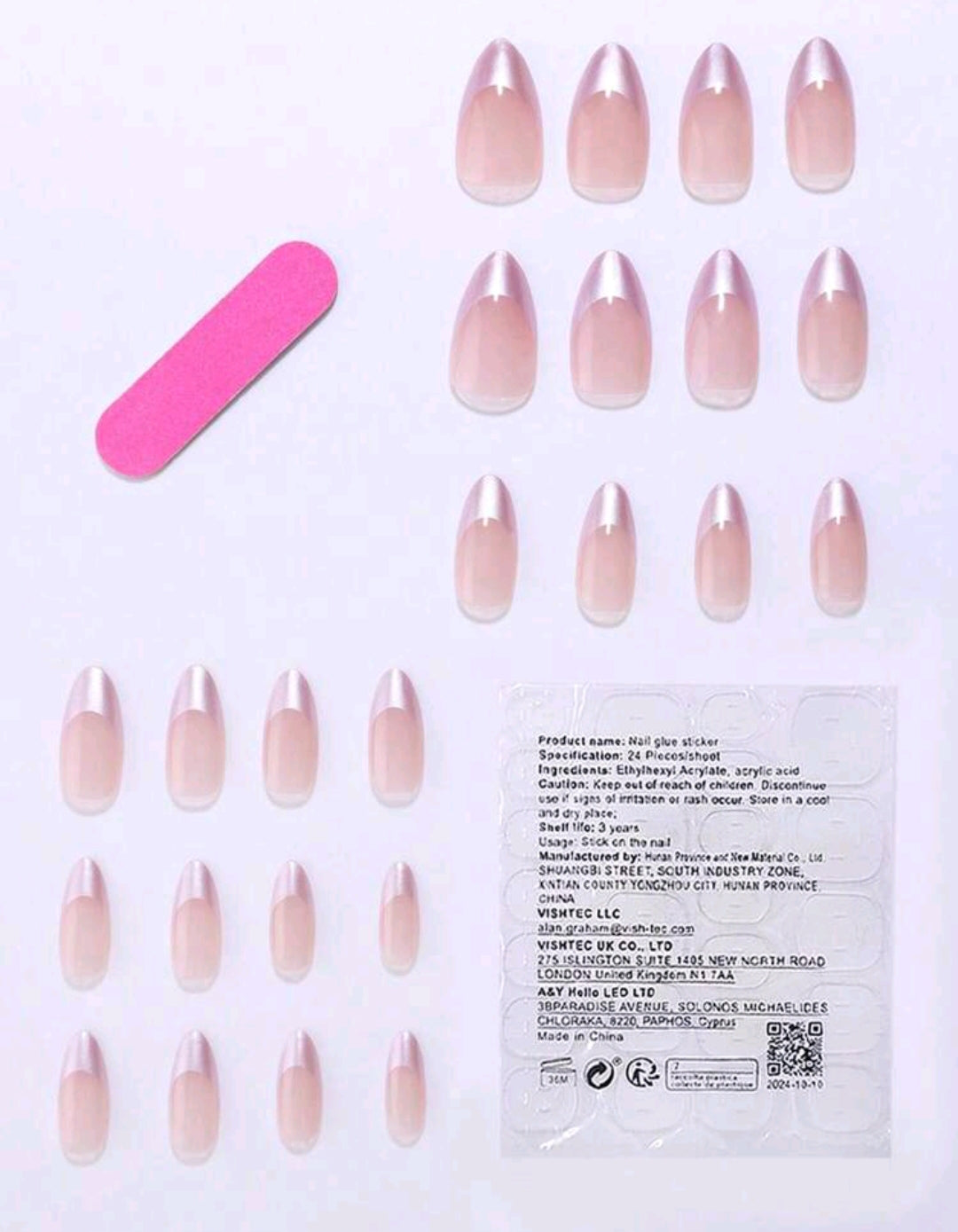 24PCS Bare Almond French Edge Purple Press-On Nails