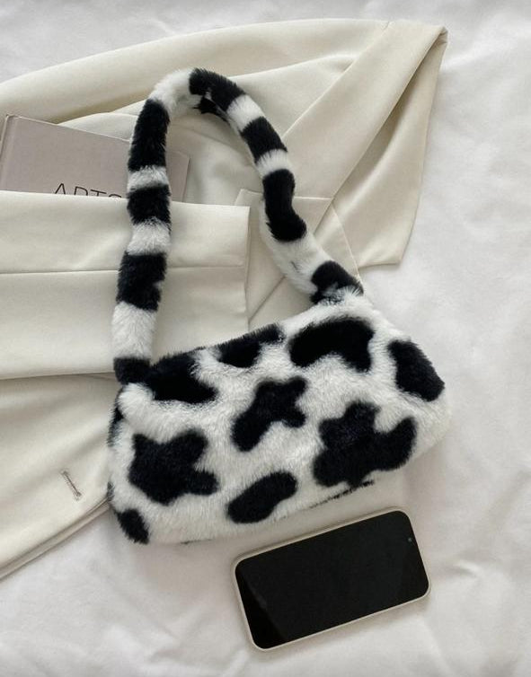 Fuzzy Plush Cow Pattern Fluffy Bag – Autumn/Winter Soft Purse