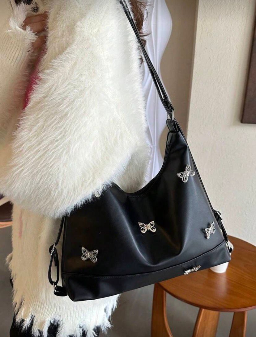Solid Color Stone Pattern Bowknot PU Leather Shoulder & Backpack – Black