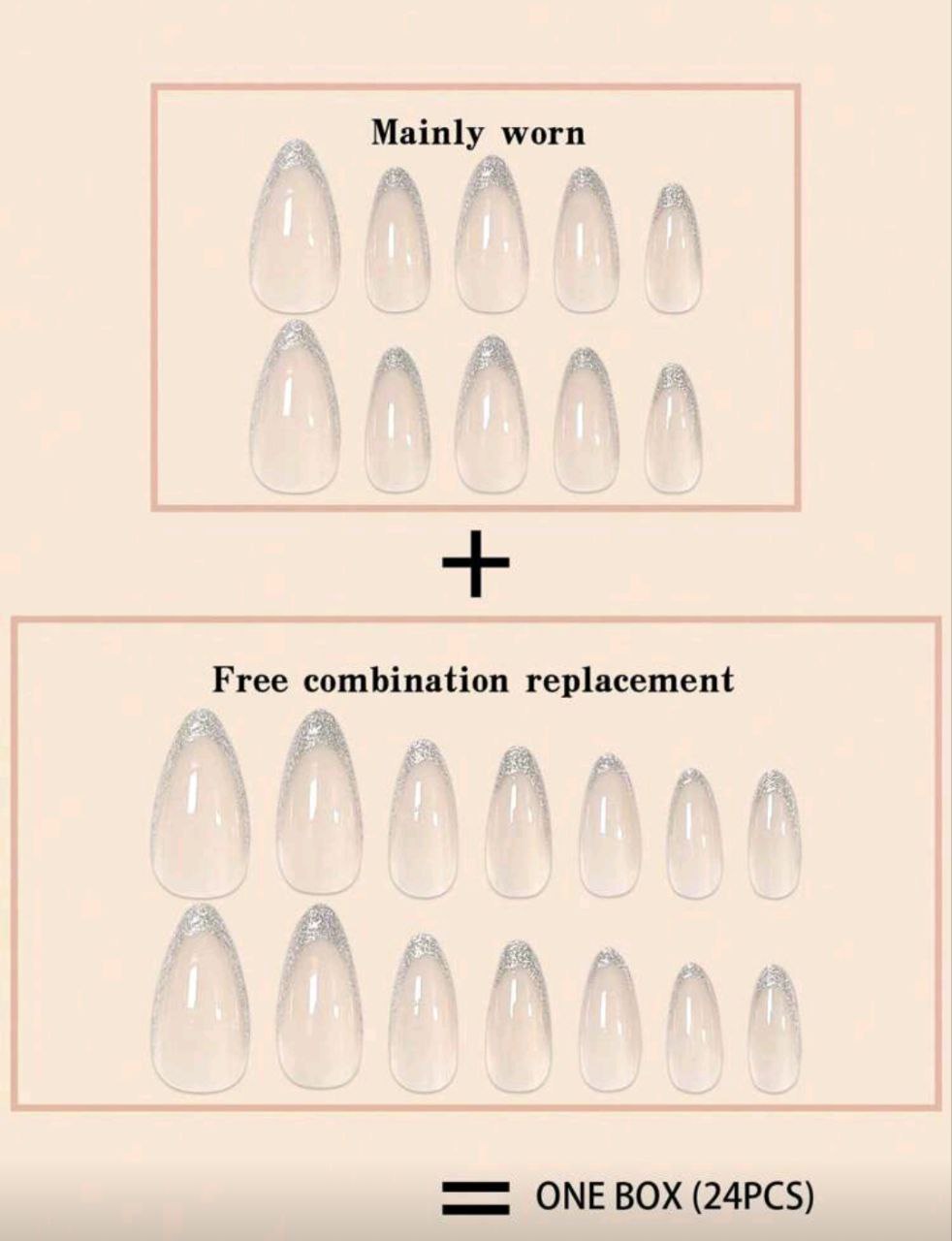 24pcs Long Almond Silver Glitter French Press-On Nails Set