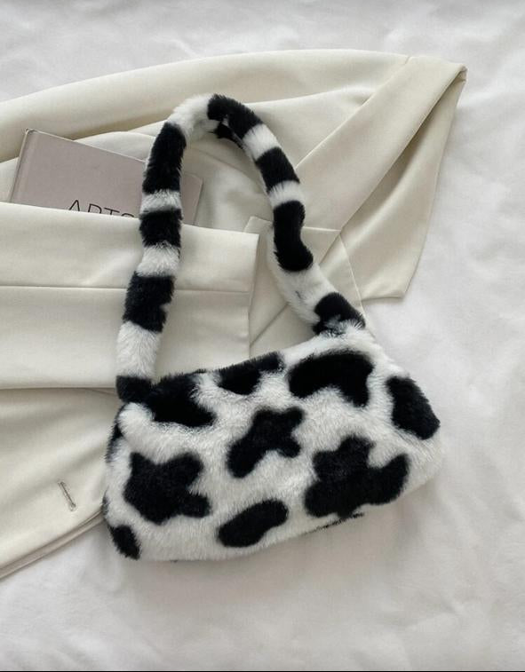 Fuzzy Plush Cow Pattern Fluffy Bag – Autumn/Winter Soft Purse