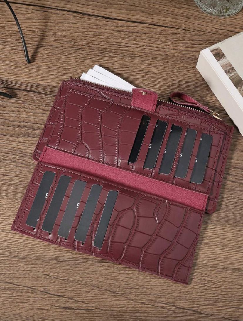 Burgundy Crocodile Embossed Long Wallet – Fold Over Zipper Card & Cash Organizer for Women