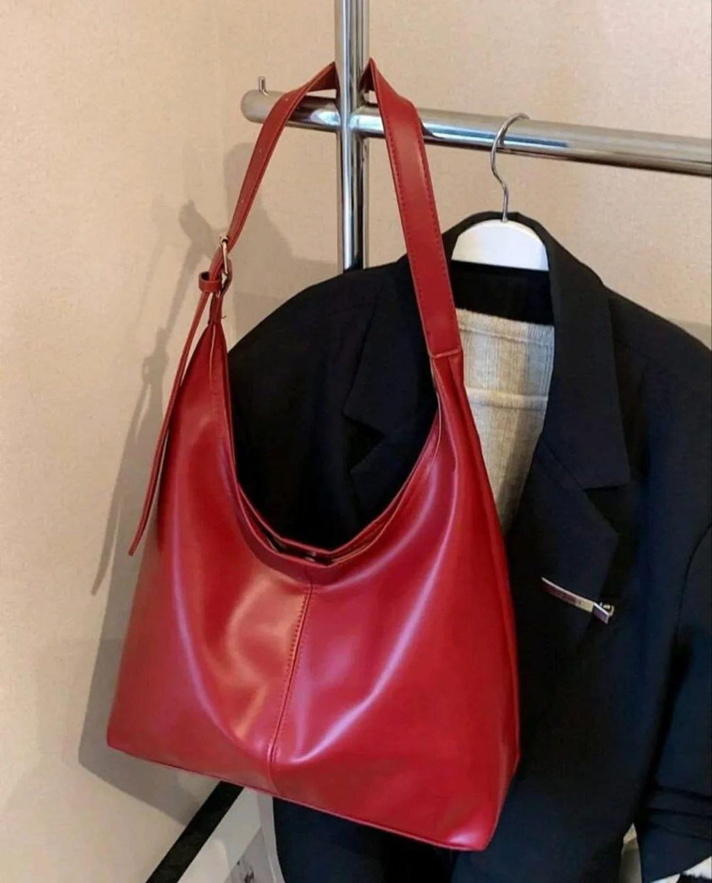 Large Red PU Leather Tote Shoulder Bag for Women