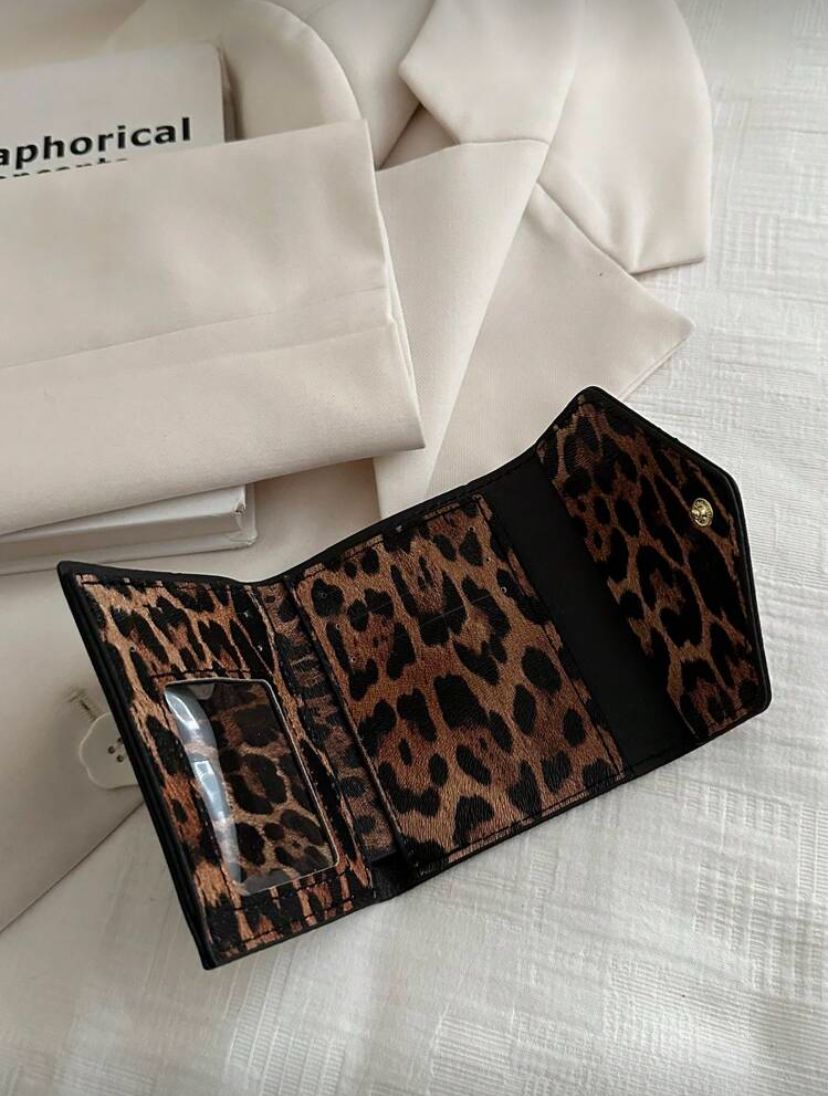 PU Leather Folding Leopard Print Compact Wallet – Brown & Black