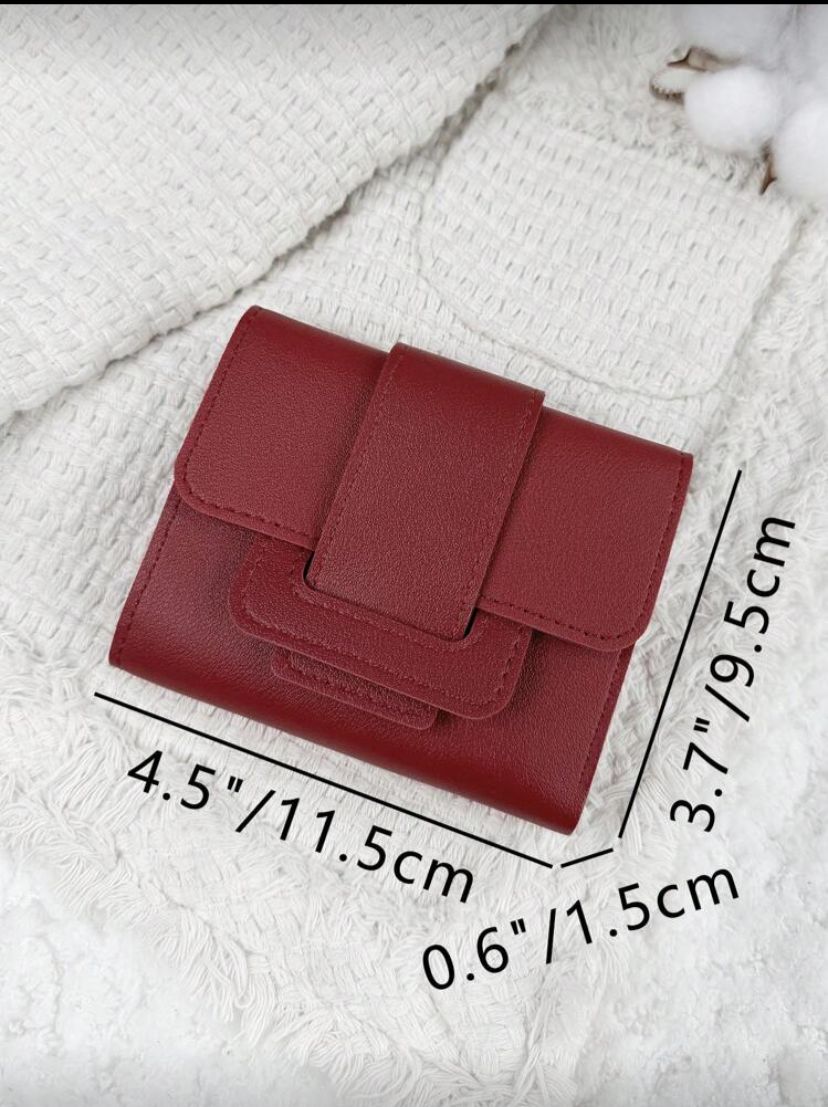 PU Triple Fold Flap Wallet – Small Portable Card & Photo Holder for Women (Red / Burgundy)