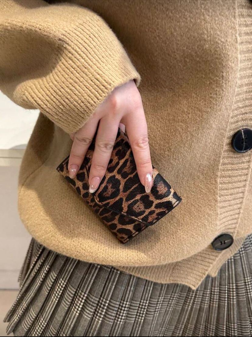 PU Leather Folding Leopard Print Compact Wallet – Brown & Black