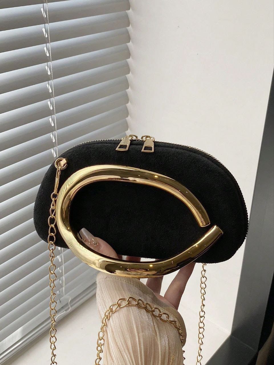 Elegant Black Velvet Crossbody Bag with Gold Metal Decor