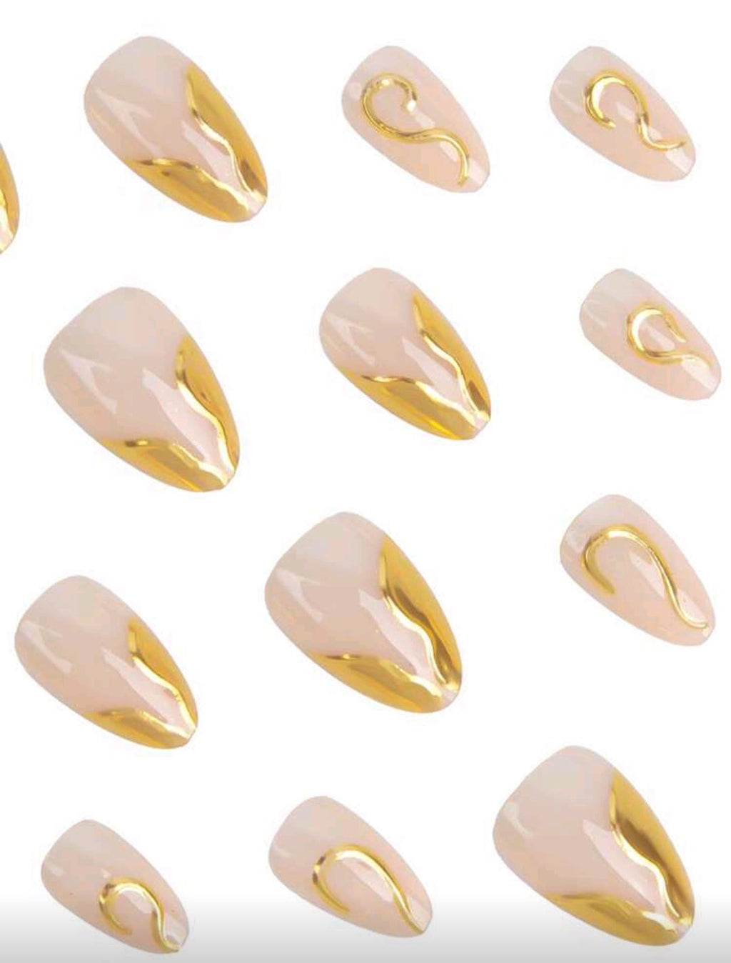 24PCS Short Almond Gold Tip Press-On Nails – 3D Gold Foil Wave Design