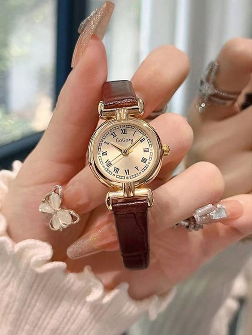 French Vintage Compact Quartz Watch for Women – Brown PU Leather Strap