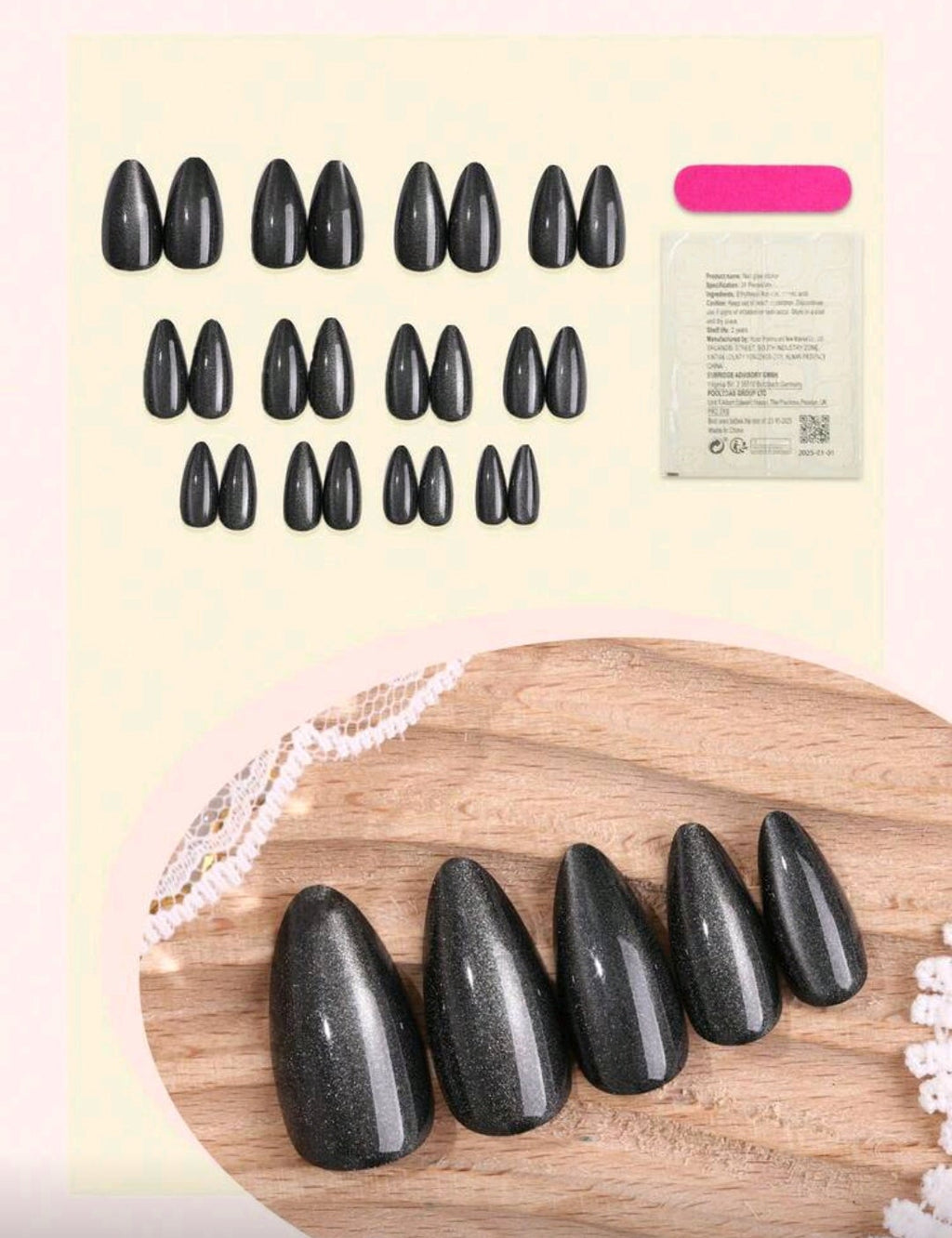 24PCS Y2K Long Almond Crystal Cat Eye Press-On Nails – Black / Brown