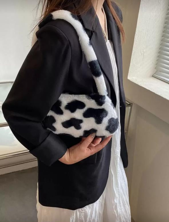Fuzzy Plush Cow Pattern Fluffy Bag – Autumn/Winter Soft Purse
