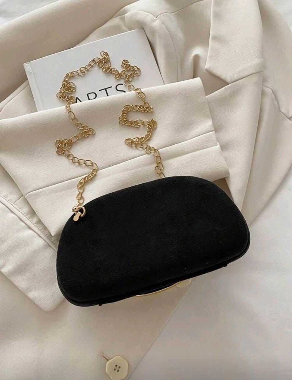 Elegant Black Velvet Crossbody Bag with Gold Metal Decor