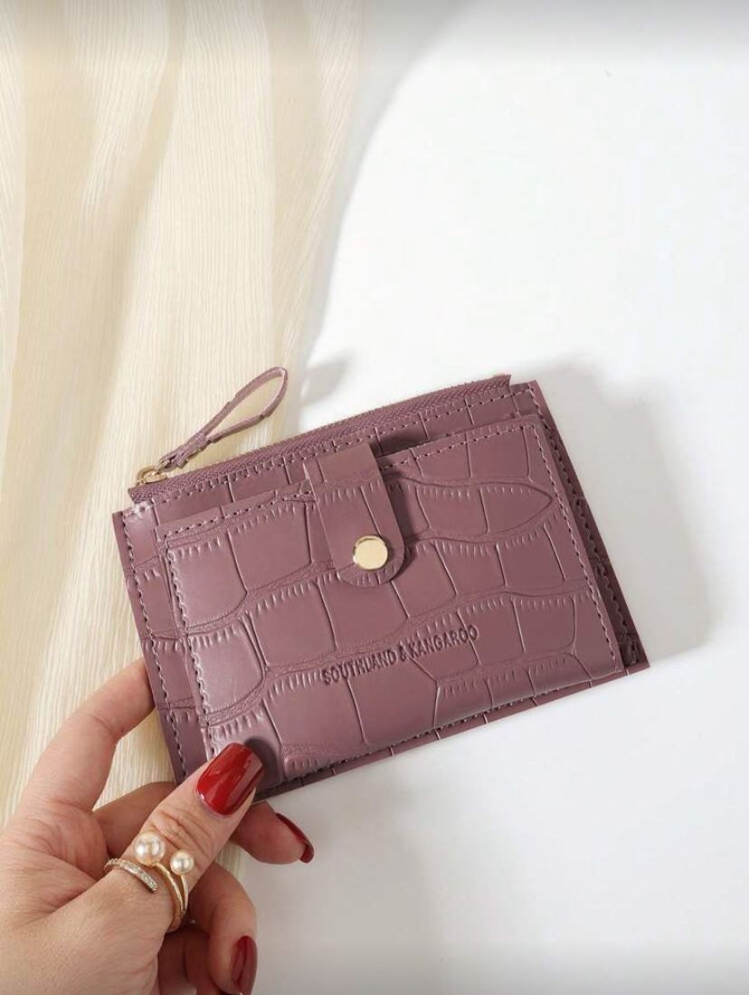 Crocodile Embossed Mini Card Holder Wallet – Slim Portable Card & Coin Wallet for Women (Dusty Pink)