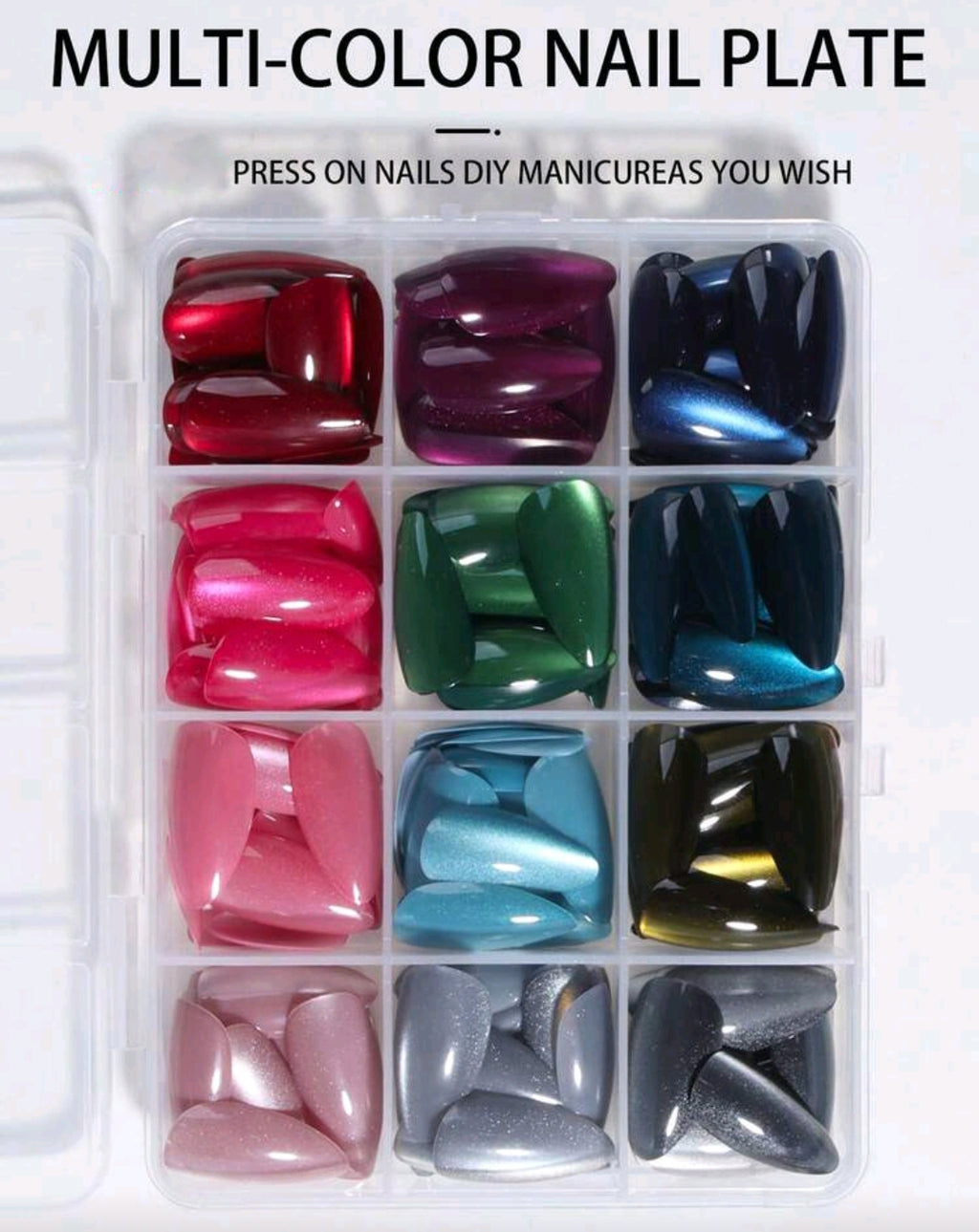 24PCS Y2K Long Almond Cat Eye Press-On Nails Set – Glossy Crystal Design