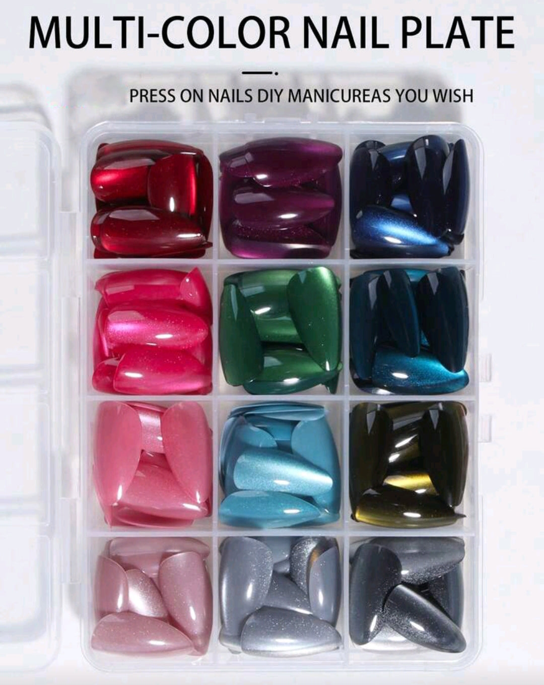 24PCS Y2K Long Almond Cat Eye Press-On Nails Set – Glossy Crystal Design