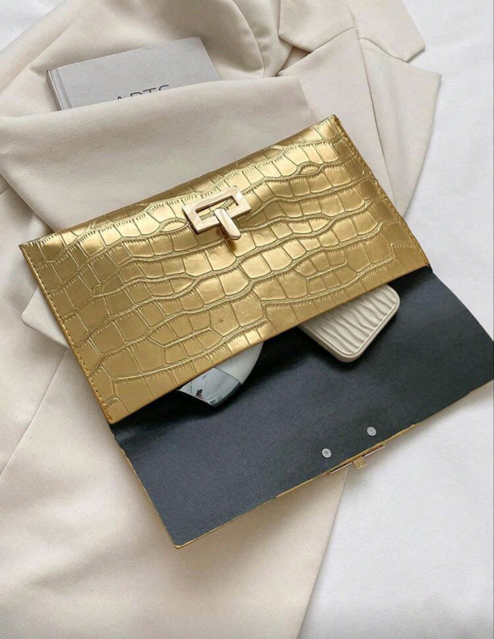 New Design Mini Envelope Bag – Crocodile Pattern Vintage Clutch ( Black, Burgundy & Gold )