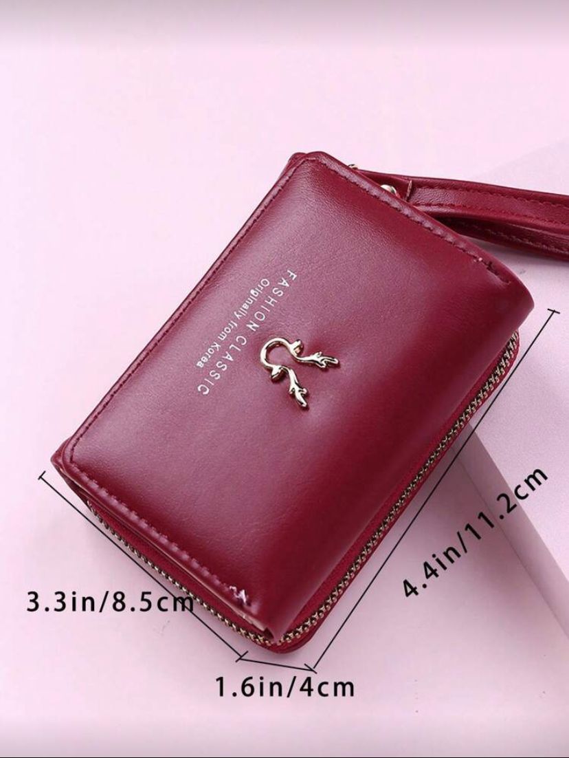 Burgundy Wallet – Cartoon Tri-Fold Zipper Coin & Card Holder for Women