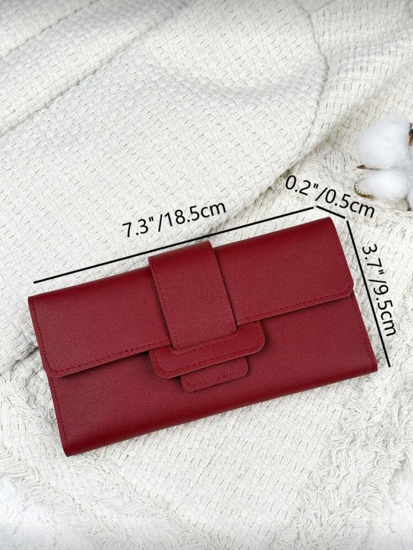 Vintage Burgundy Fold-Over Long Wallet – Slim Multi-Card Zipper Organizer for Women