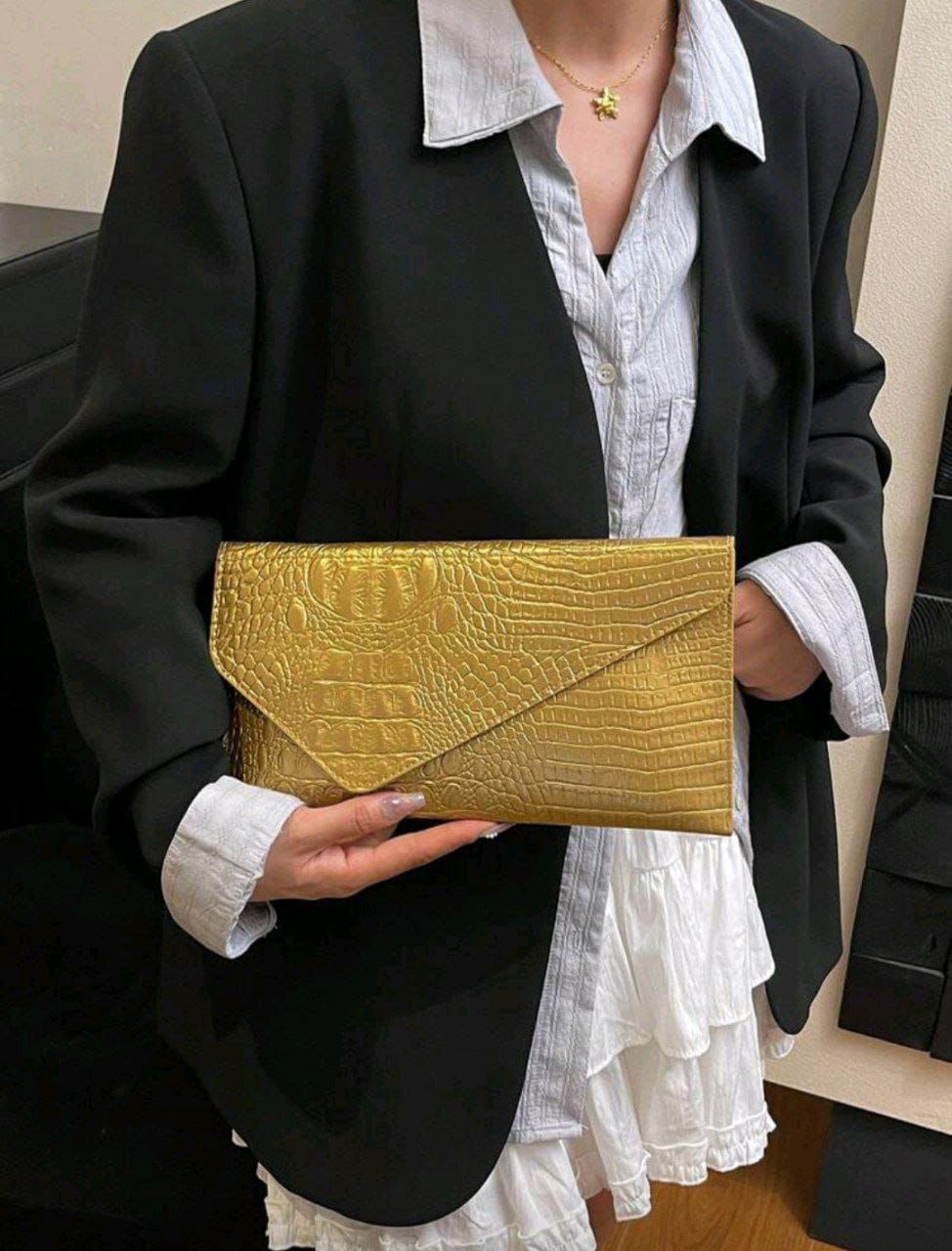 Crocodile Embossed Envelope Clutch Bag for Women – Gold & Silver PU