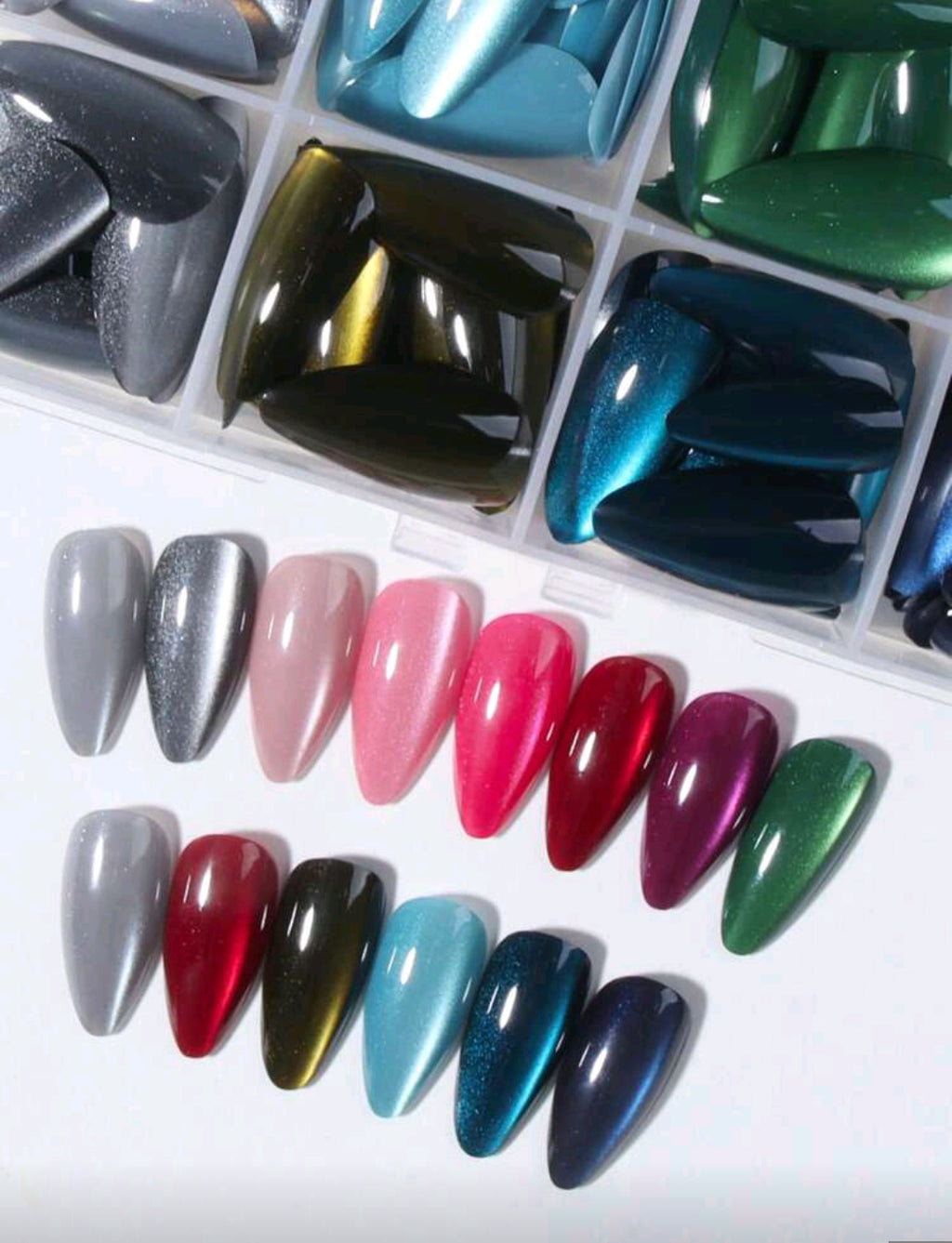 24PCS Y2K Long Almond Cat Eye Press-On Nails Set – Glossy Crystal Design