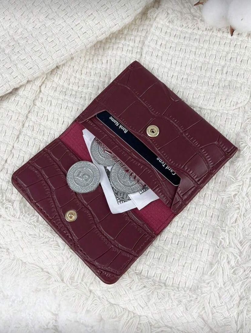 Burgundy Letter Embossed Flip Cover Mini Wallet – Slim Bi-Fold Card & Coin Holder for Women