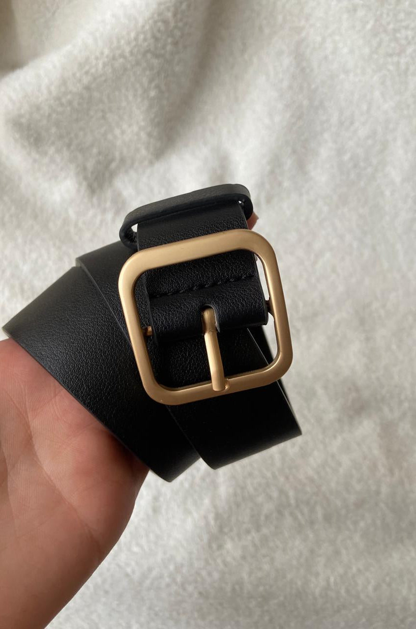 Black PU Leather Wide Belt with Gold Square Buckle – 100cm