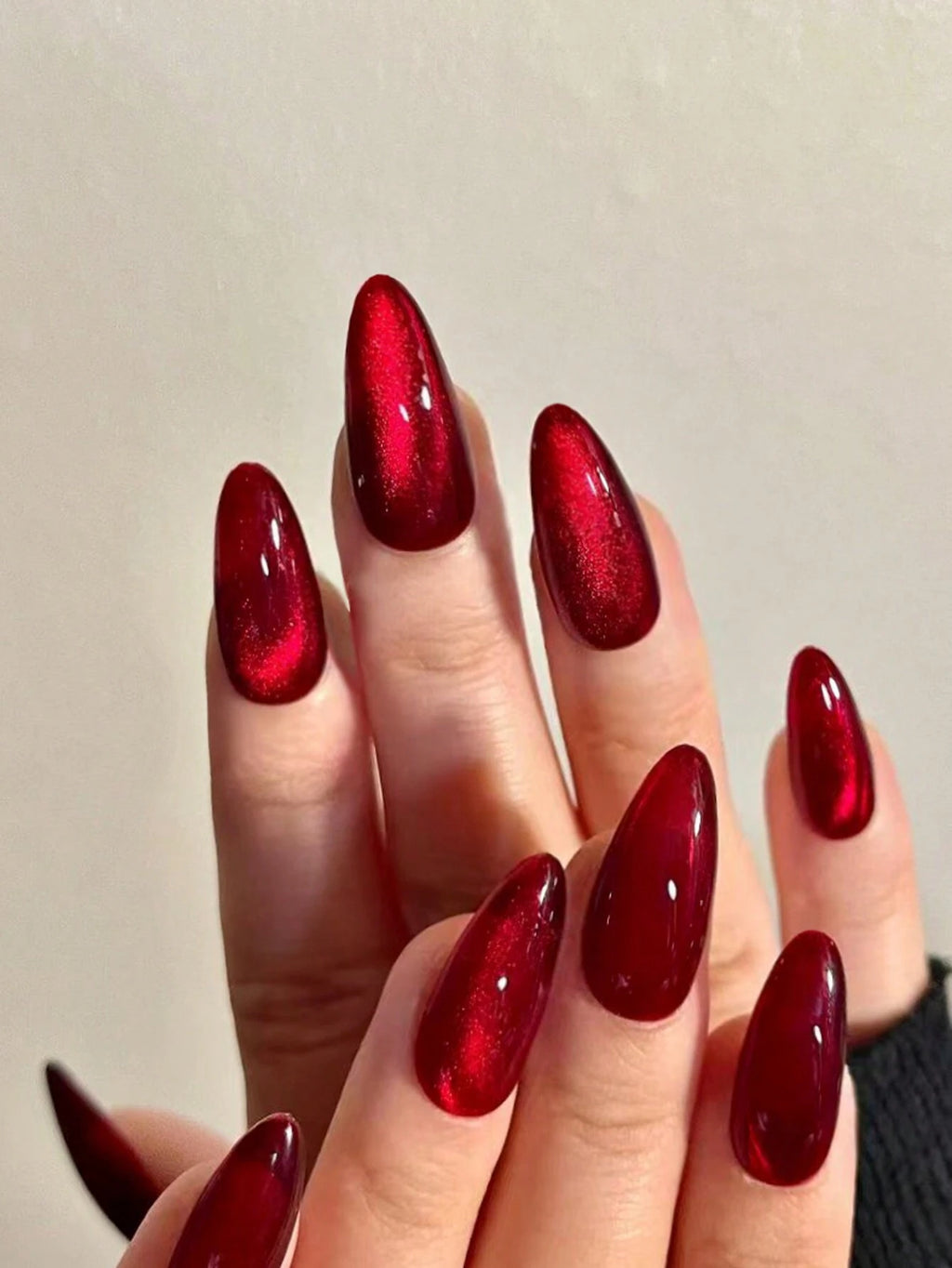 24PCS Y2K Long Almond Cat Eye Press-On Nails Set – Glossy Crystal Design