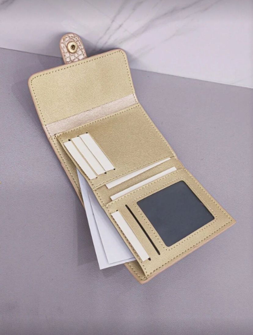 Gold Metallic Crocodile Fold-Over Wallet – Small Bi-Fold Card & Cash Organizer for Women