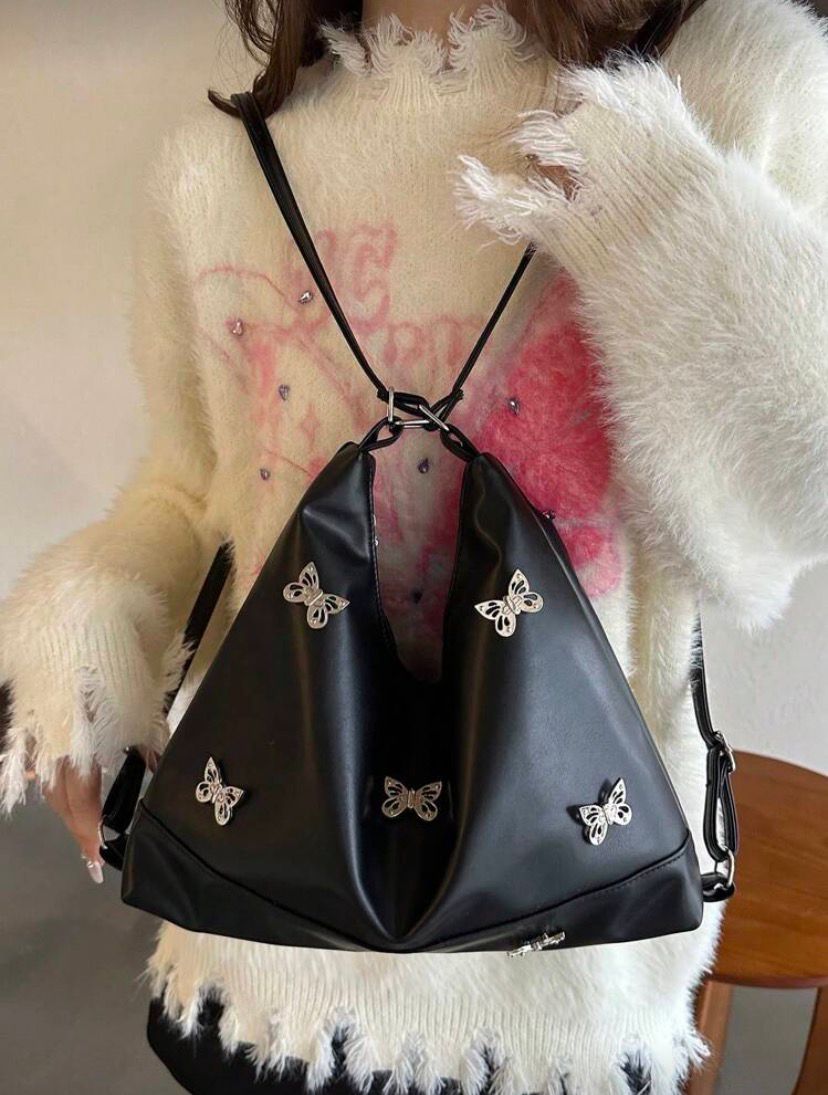 Solid Color Stone Pattern Bowknot PU Leather Shoulder & Backpack – Black