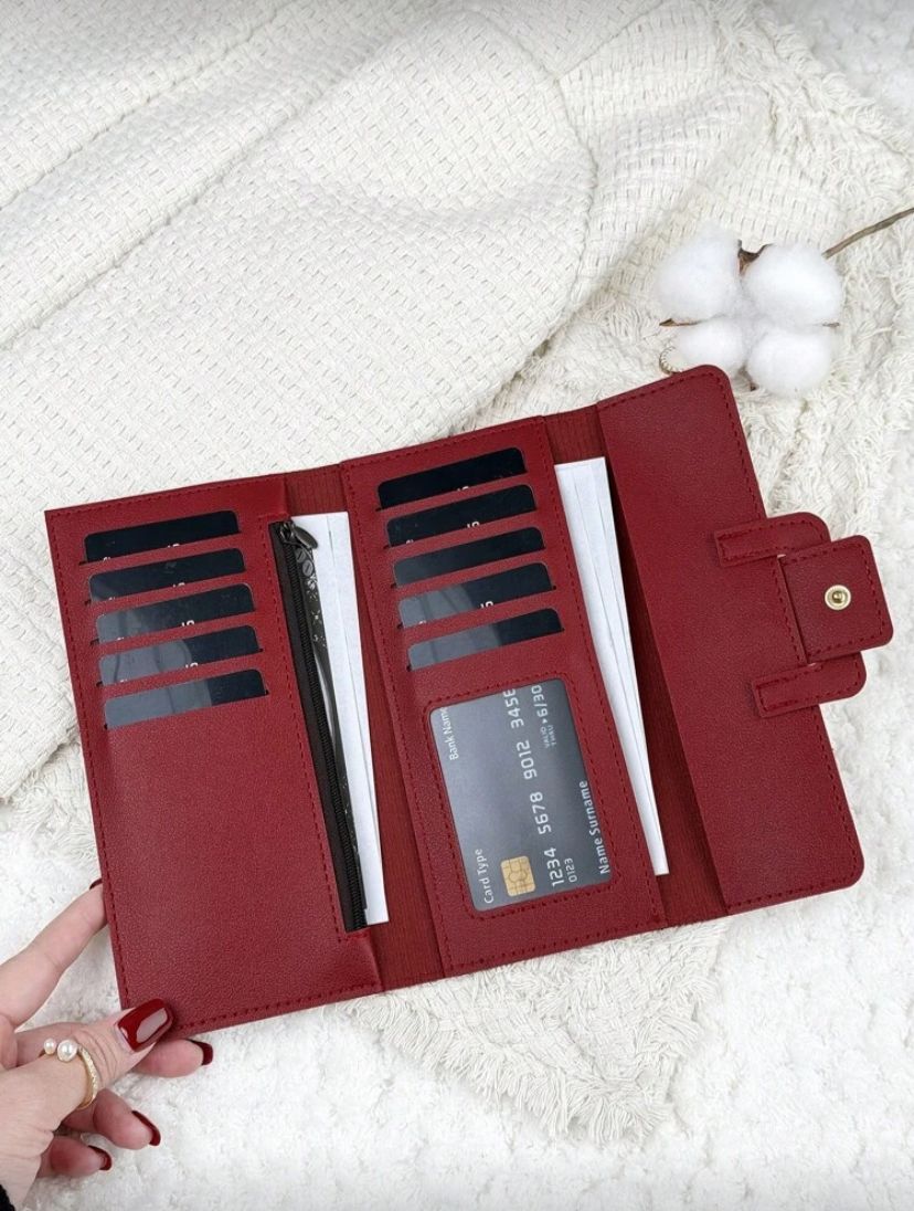 Vintage Burgundy Fold-Over Long Wallet – Slim Multi-Card Zipper Organizer for Women