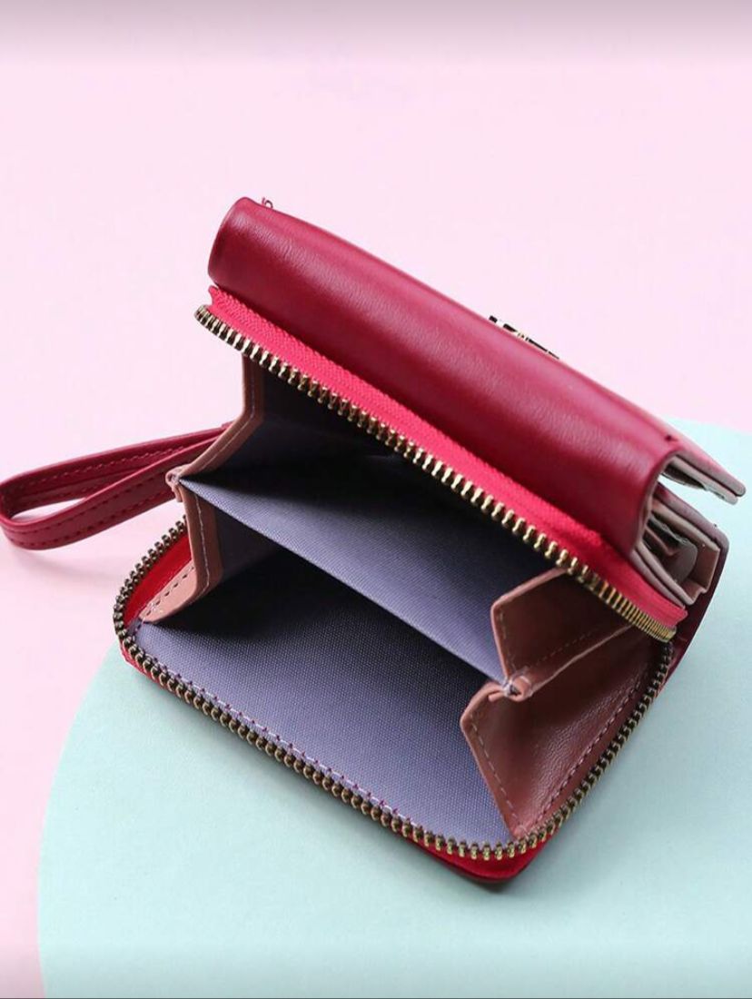 Burgundy Wallet – Cartoon Tri-Fold Zipper Coin & Card Holder for Women