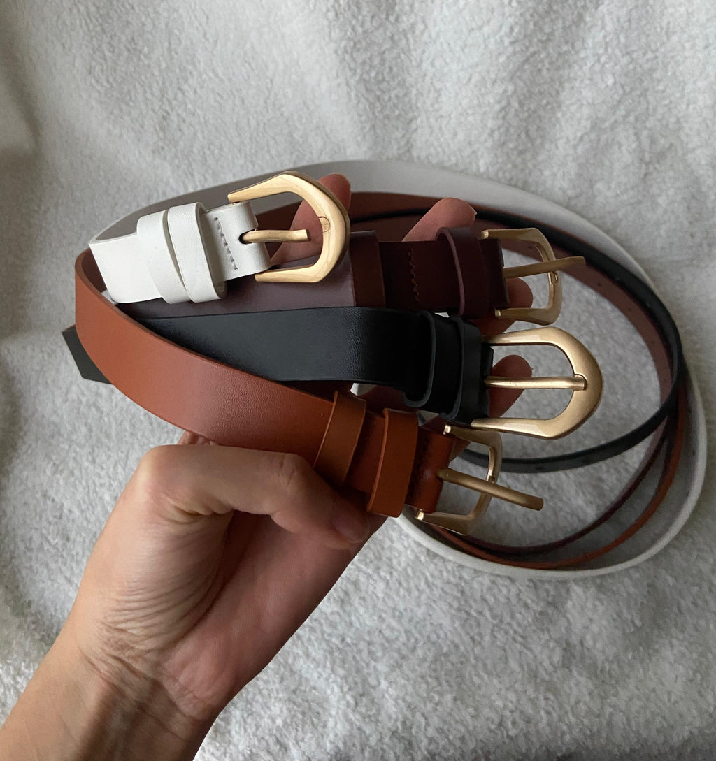 Women’s Pointed-End Belt – Gold Buckle (White, Black & Brown Shades)