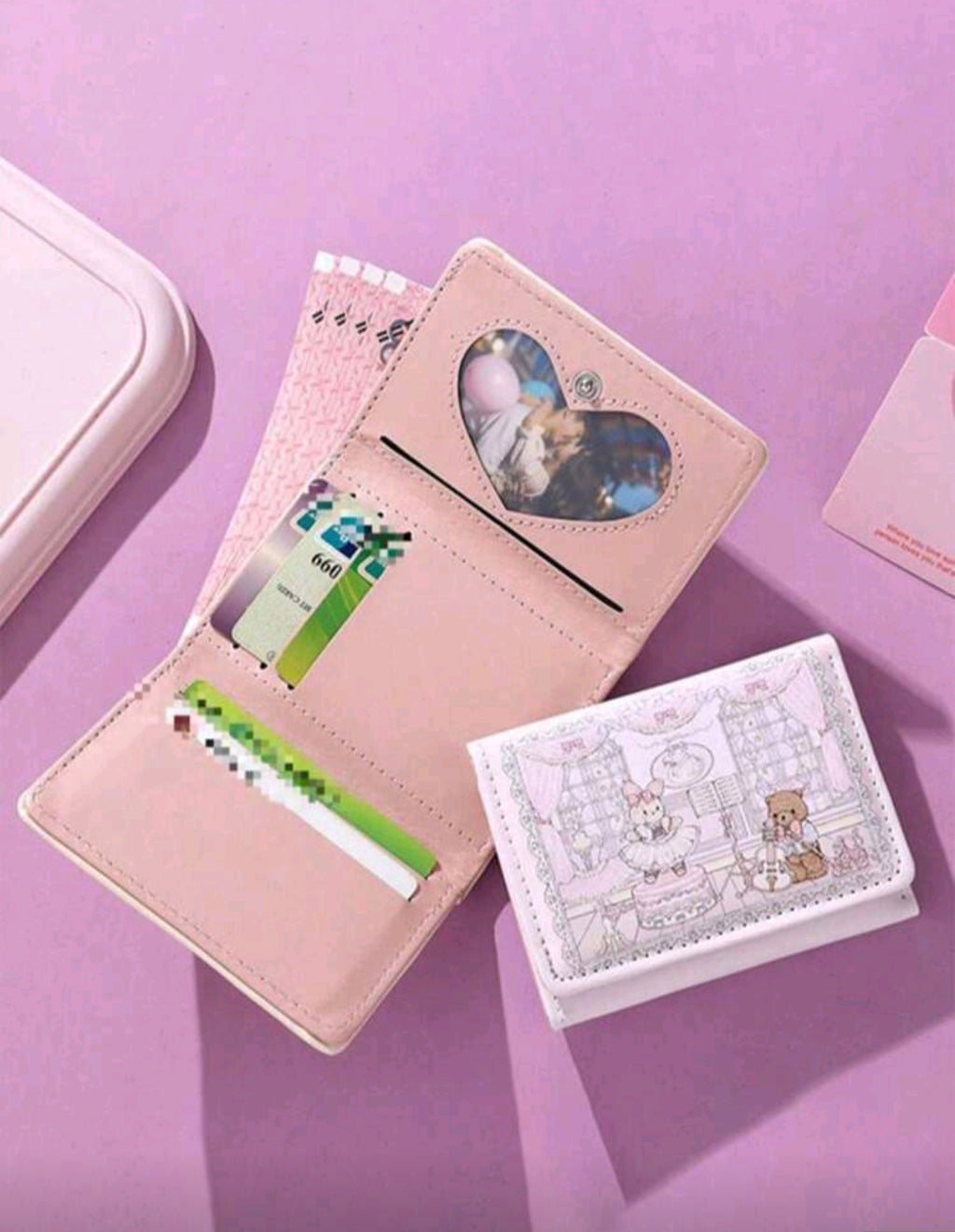 Cute Rabbit & Bear Pink Tri-Fold Wallet – Multi-Card Holder Mini Coin Purse for Women