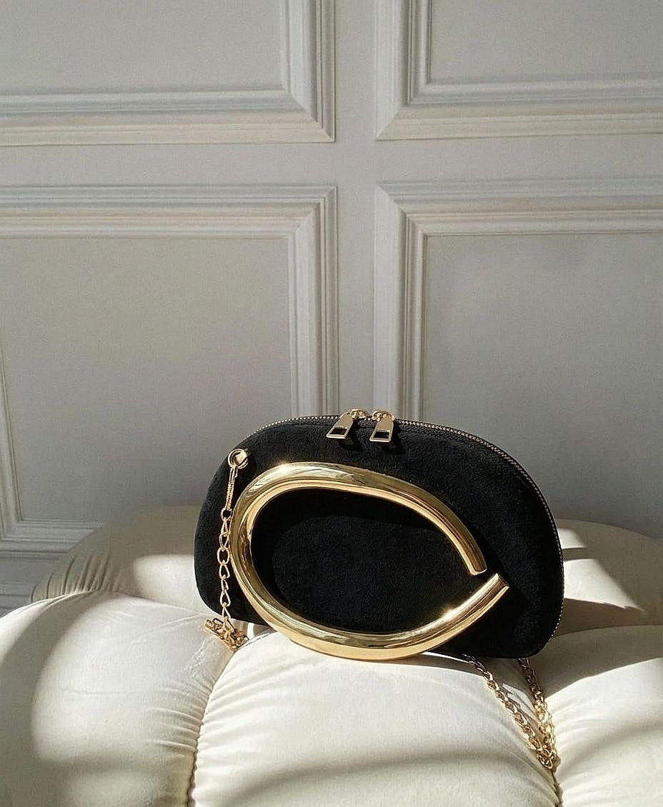 Elegant Black Velvet Crossbody Bag with Gold Metal Decor