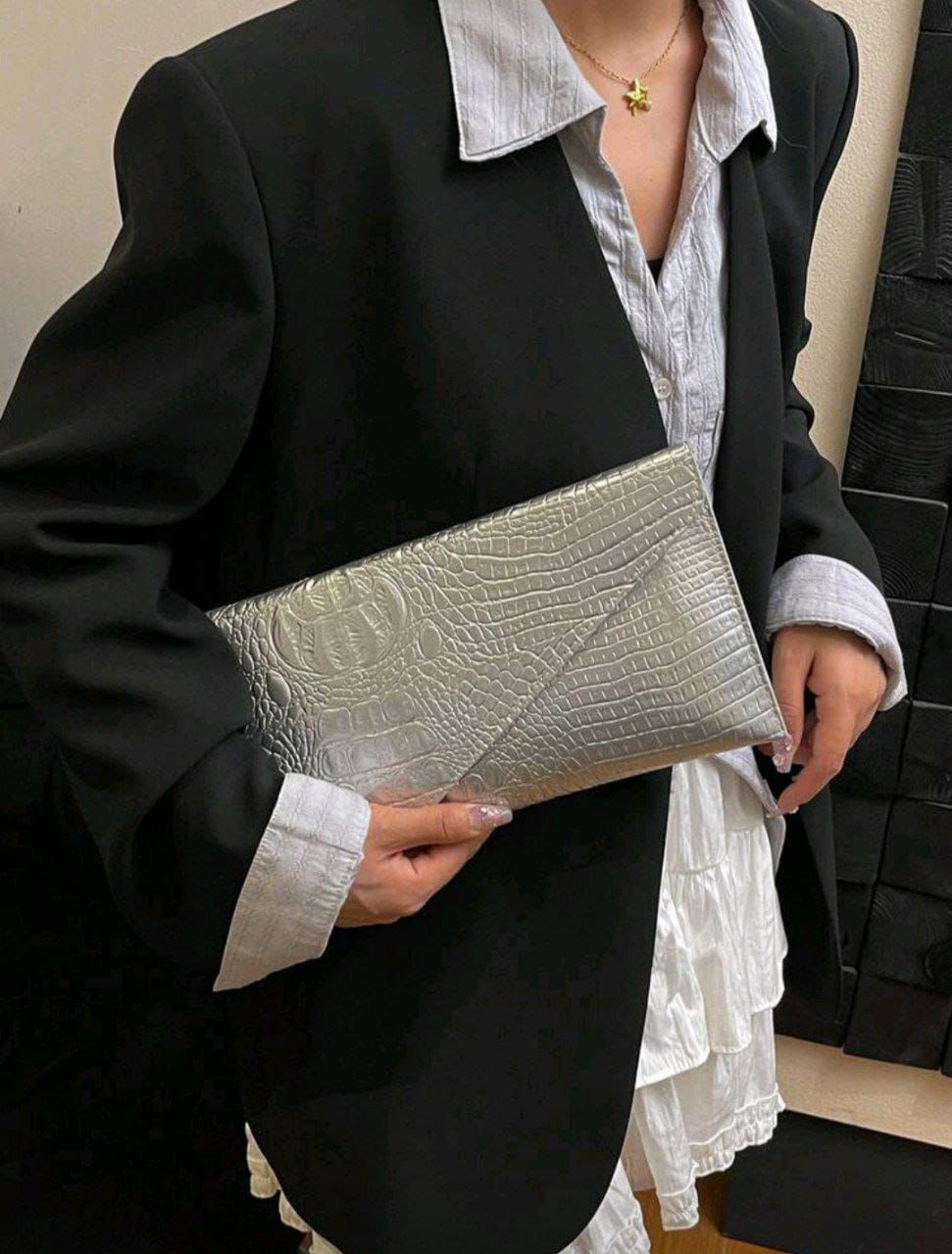 Crocodile Embossed Envelope Clutch Bag for Women – Gold & Silver PU