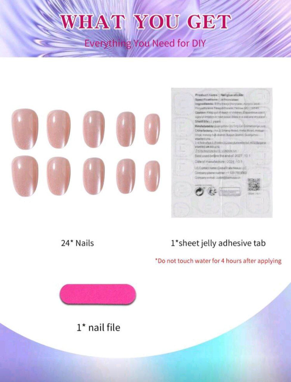 24PCS Short Oval Nude Crystal Cat Eye Press-On Nails