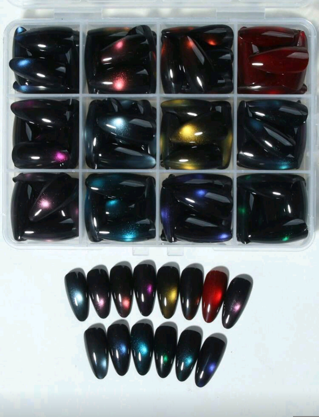 24PCS Y2K Almond Glossy Cat Eye Press-On Nails – 12 Colors