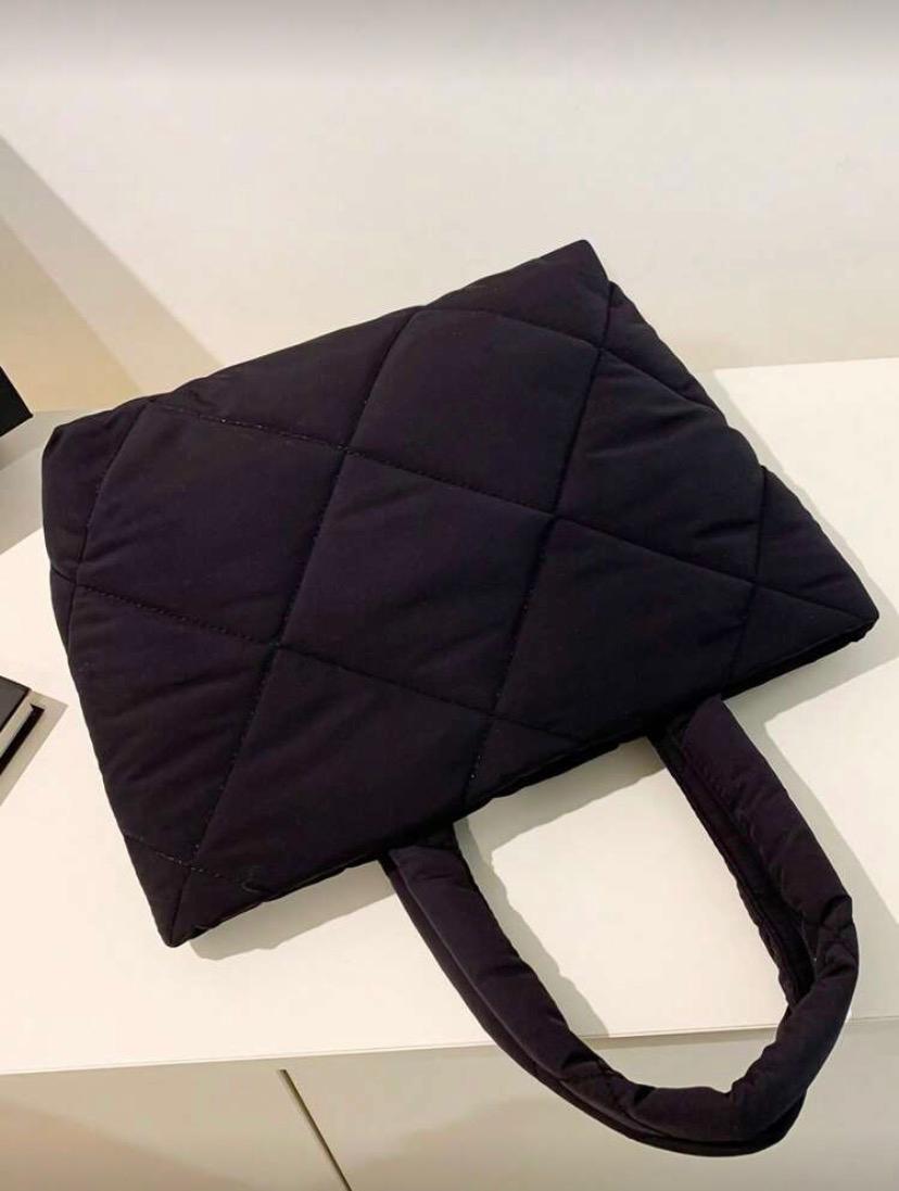 Fashionable Quilted Embroidery Tote Bag – Black Multifunctional Fabric Shoulder Handbag