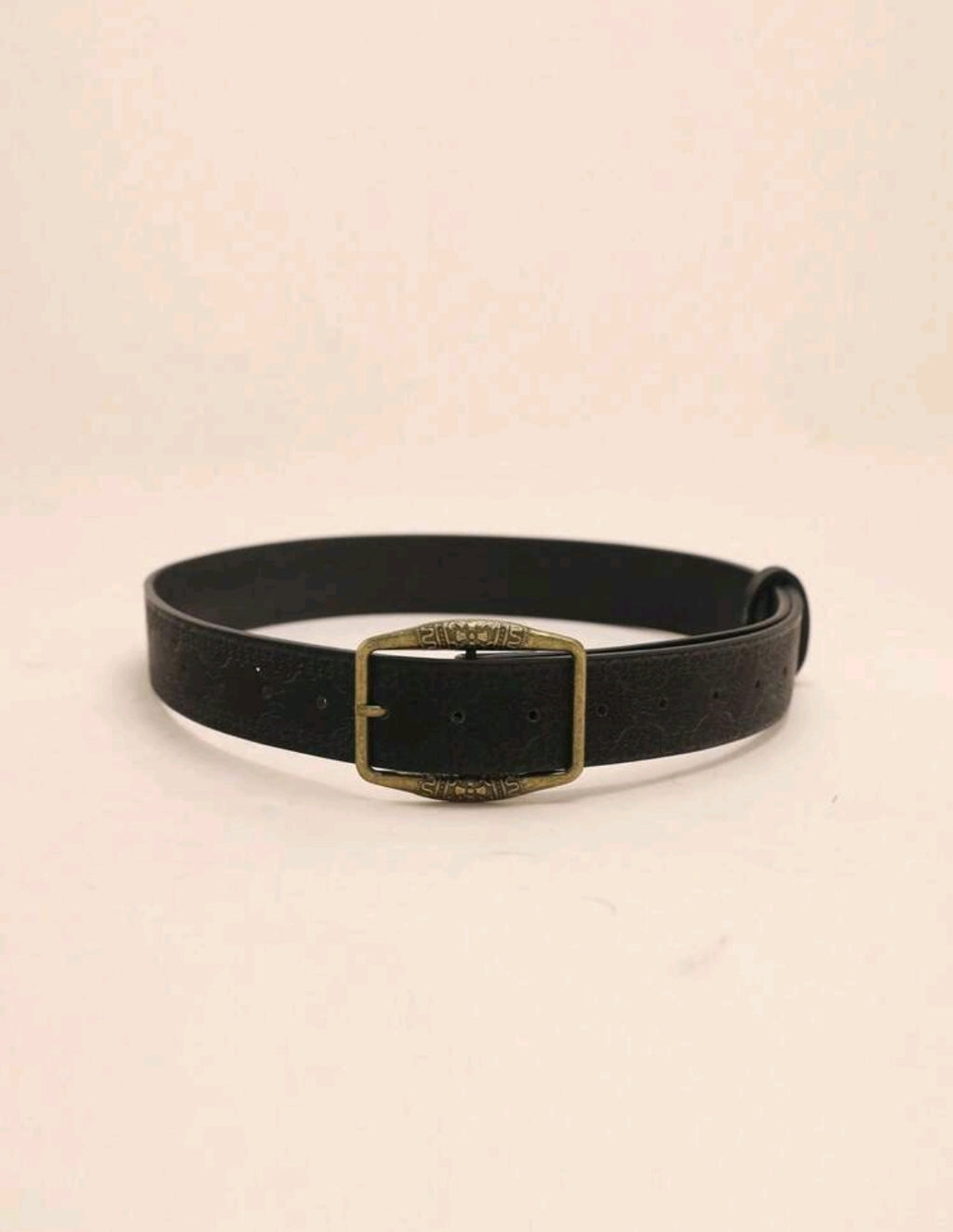 Vintage Retro Print Distressed Leather Belt – Antique Bronze Buckle