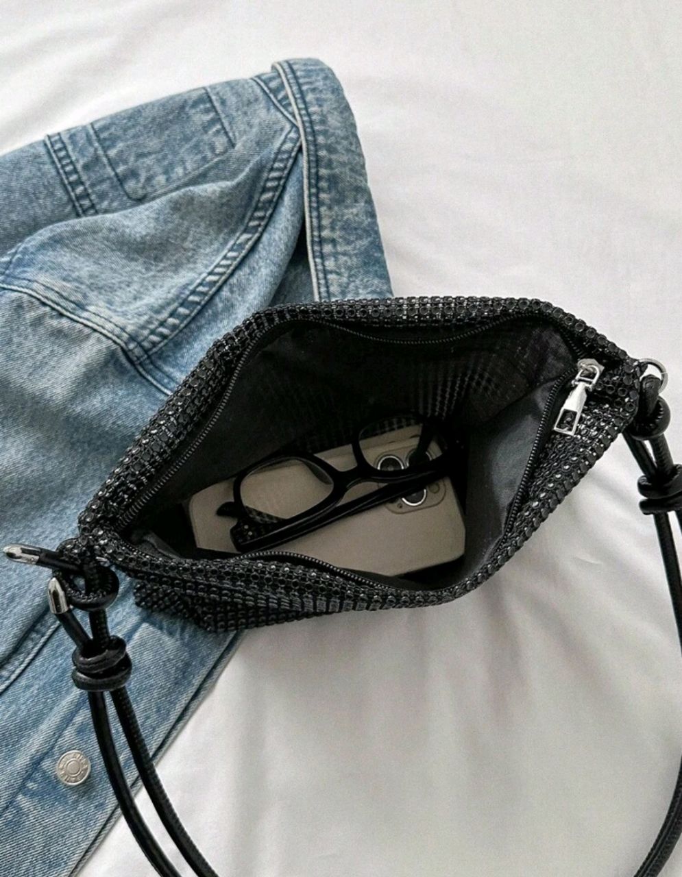 Black Rhinestone Decor Large Capacity Tote Bag for Women