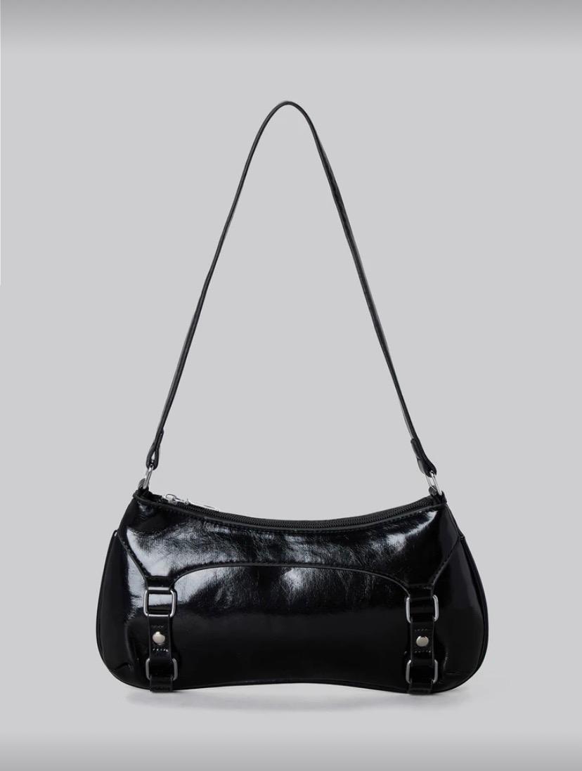 Y2K Patent PU Leather Shoulder Bag – Black Glossy Baguette