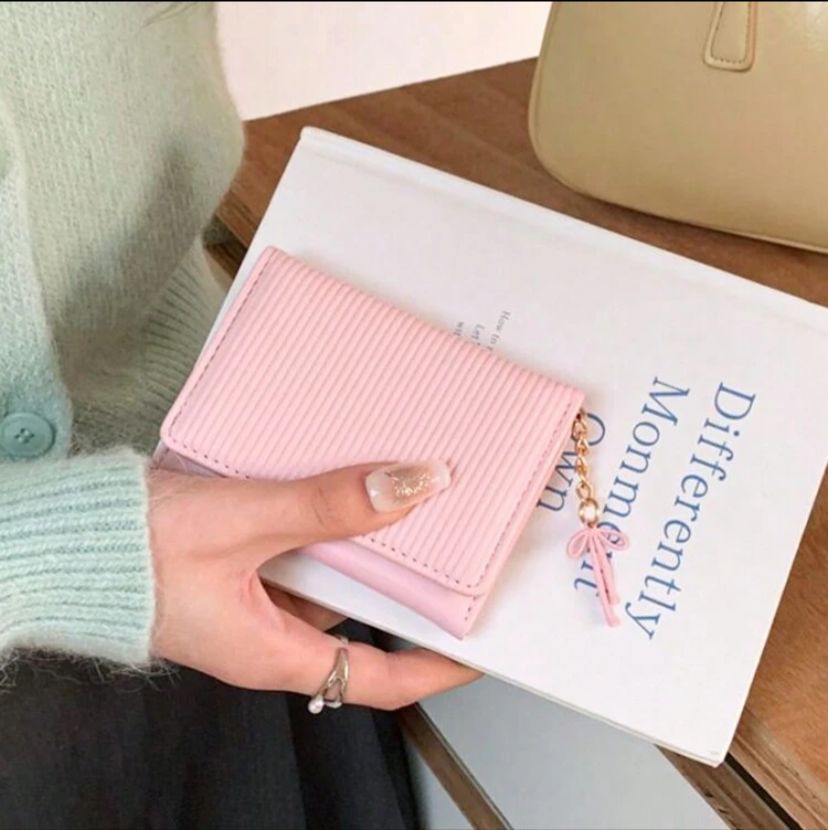 Korean Bow Tri-Fold Short Wallet – Cute Pink Multi-Card Coin Purse for Women