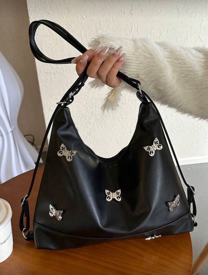 Solid Color Stone Pattern Bowknot PU Leather Shoulder & Backpack – Black