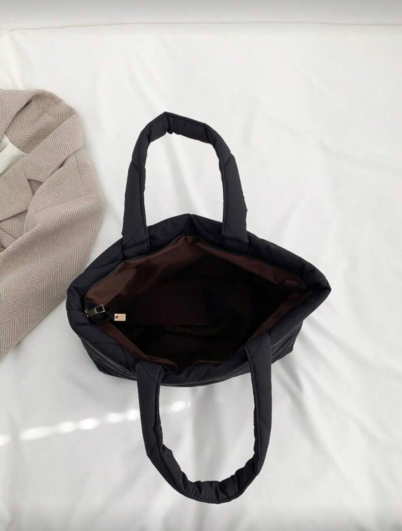 Fashionable Quilted Embroidery Tote Bag – Black Multifunctional Fabric Shoulder Handbag