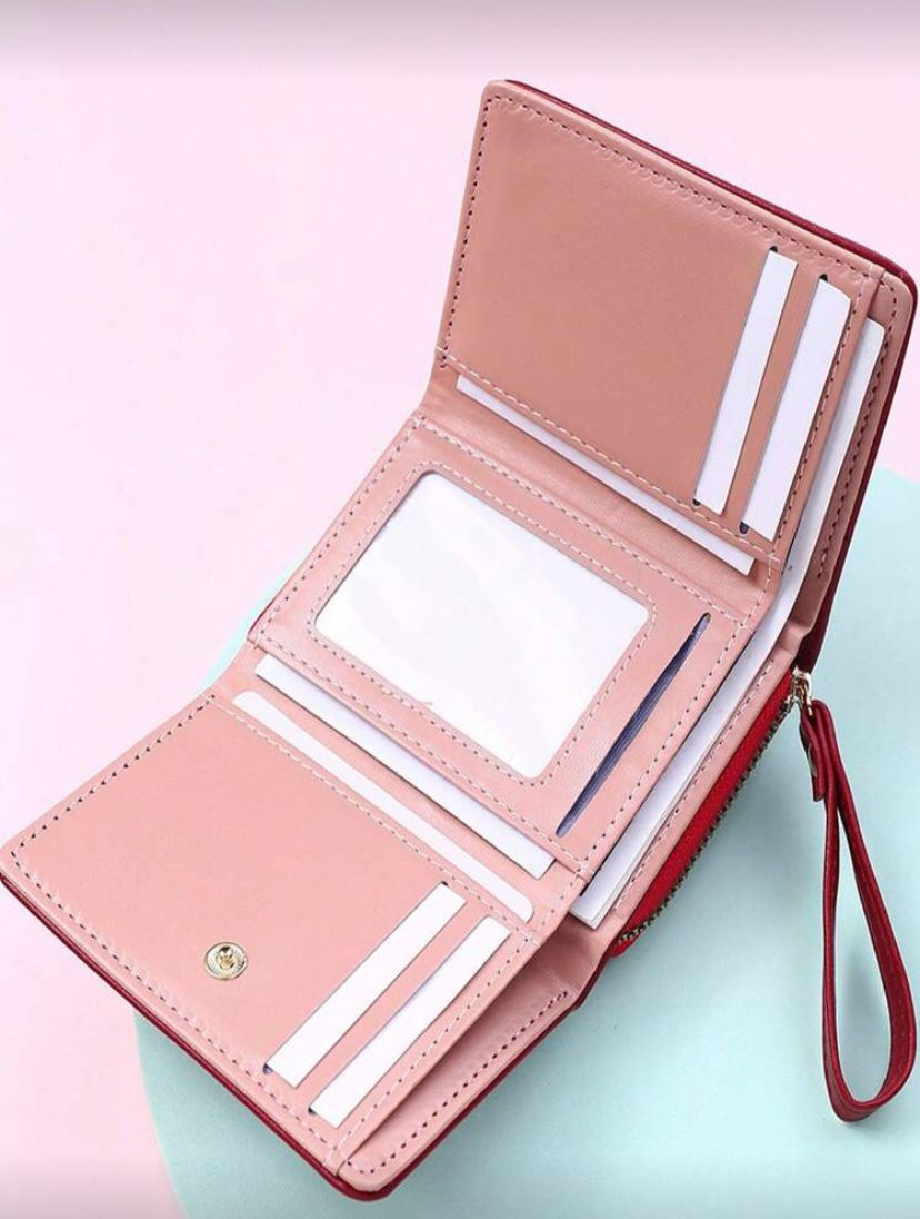 Burgundy Wallet – Cartoon Tri-Fold Zipper Coin & Card Holder for Women