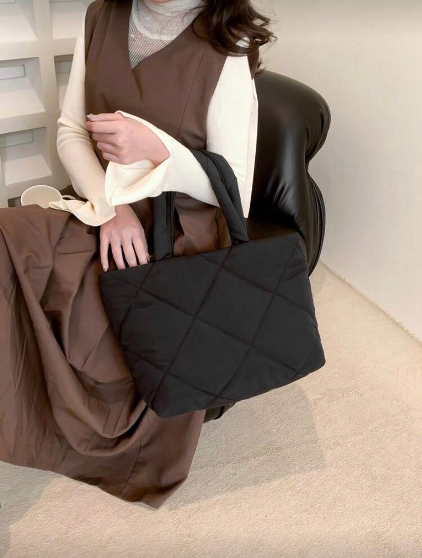 Fashionable Quilted Embroidery Tote Bag – Black Multifunctional Fabric Shoulder Handbag