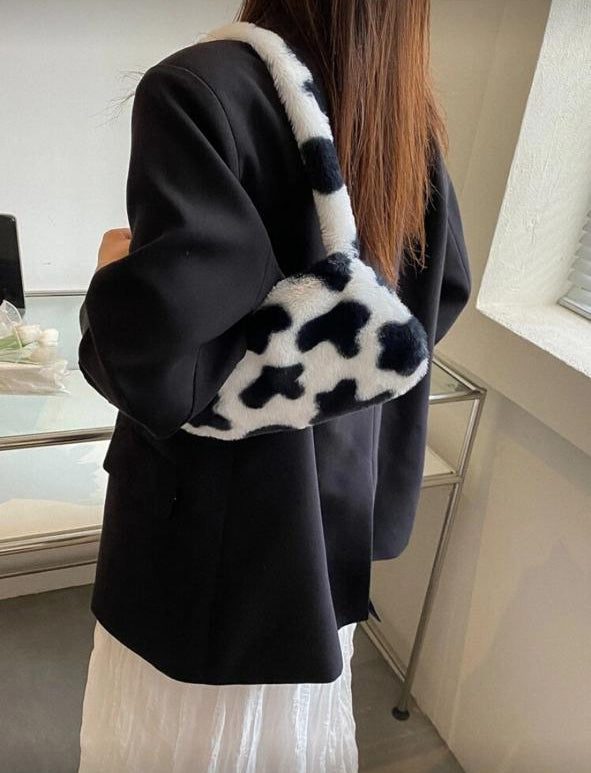 Fuzzy Plush Cow Pattern Fluffy Bag – Autumn/Winter Soft Purse