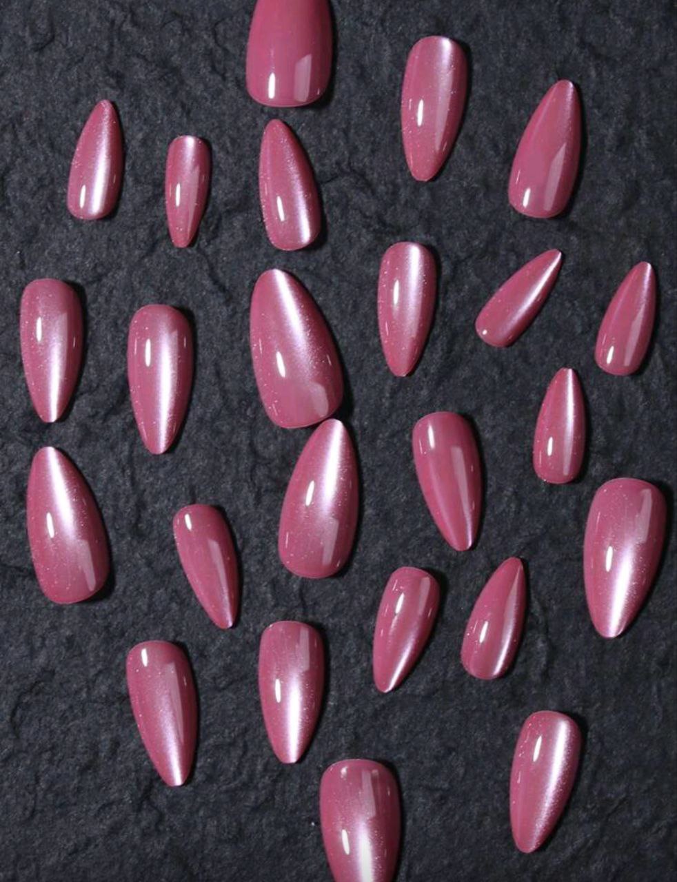 24pcs Y2K Long Almond Pink Crystal Cat Eye Press-On Nails Set