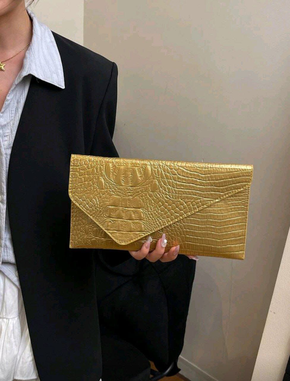 Crocodile Embossed Envelope Clutch Bag for Women – Gold & Silver PU