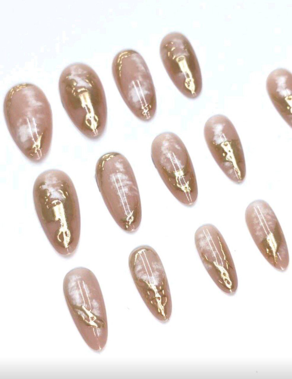 24pcs 3D Gold Metallic French Almond Press-On Nails with Rhinestones